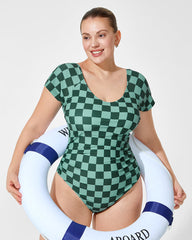 Traje de baño modesto de una pieza con mangas cortas y marca de verificación verde