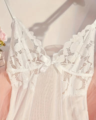 V-Neck Sheer Lace Mesh Nightgown with G-String