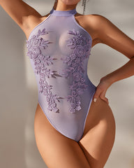 Sexy Halter-neck Sleeveless Sheer Water-soluble Floral Embroidery Lingerie Bodysuit