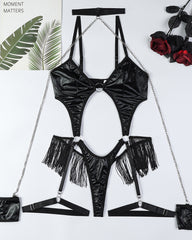 PU Leather Metal Chain Halter Neck Tassel Outfit Sexy Cutout Bodysuit