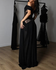 Off-Shoulder Lace Corset Chiffon Thigh Slit Maxi Dress