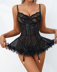 Sexy French-style Lace Mesh Sequined Lingerie Set