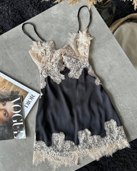 Sexy Deep V-neck Ice Silk Lace Patchwork Backless Camisole Nightgown