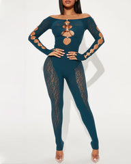 Sexy Leopard Print Jacquard Pearl-embellished Cutout Long-sleeved Jumpsuit