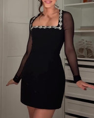 Black Crepe Rhinestone Square Neck Sheer Mesh Long-sleeved Mini Dress