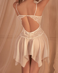 Sexy Lace Sheer Mesh Cut-out Bust Bow Decoration Backless Nightgown