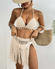 Hand-crocheted Shell-decorated Tassel Skirt and Bikini Top Two-piece Set