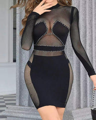 Round Neck Long Sleeve Slim Fit Sexy Hollow-out Bodycon Dress
