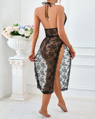 Sexy Halter Neck Lace Sheer Mesh High Slit Chain-embellished Long Nightgown