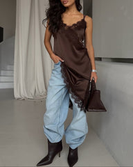 Sexy V-neck Ice Silk Lace Patchwork Asymmetrical Casual Suspender Mini Dress