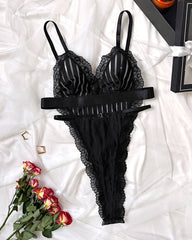 Deep V-neck Lace-trimmed Striped See-through Mesh Sexy Lingerie Bodysuit