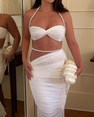 Pearl-embellished Sexy Cropped Tube Top Low-waisted Bodycon Maxi Skirt Suit