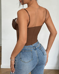 Sexy Sheer Mesh Lace Patchwork Boning Spaghetti Straps Corset Top