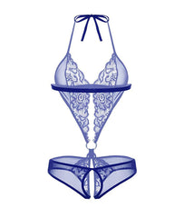 Sexy Lace Sheer Abdominal Ring Closure Open Crotch Bodysuit