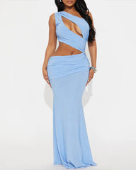 Sexy Blue One-Shoulder Hollow-Out Long Sparkling Dress