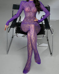 Leopard Sexy Backless Lace Fishnet Stretch Tight Long-sleeved Bodysuit