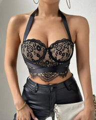 Sexy Lace Eyelash Trim Underwire Halter Neck Backless Crop Top