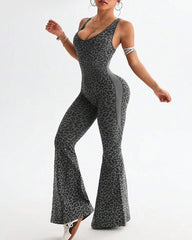 Leopard Print Crossback Seamless Elastic Yoga Fitness Jumpsuit