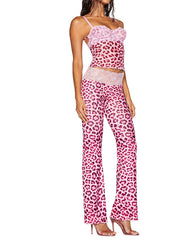 Casual Lace-paneled Sheer Mesh Colorblock Leopard Print Sleeveless Tank Top and Butt-lifting Long Pants Set