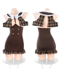 Sexy Open-chest Plaid Patchwork Detective Uniform Role-playing Lingerie Set
