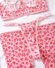 Valentine's Day Pink Heart Leopard Print Bust Cutout Lingerie with Gloves and Stockings Set