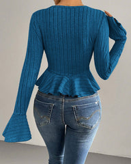 V-neck Ruffled Slim-fit Flared Long-sleeve Stretchy Knit Top
