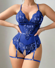 Deep V Sexy Floral Lace Open Crotch Bodysuit Lingerie