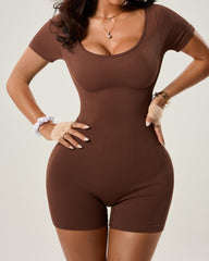 Backless Hip-lifting Seamless Elastic Short-sleeved Shorts Yoga Fitness Bodysuit