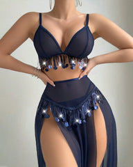 Tassel-decorated Deep V-neck Bra and High-slit Long Skirt Lingerie Set