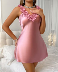 V-neck Ice Silk Solid Color Comfortable Home Nightgown