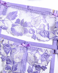 Purple Sexy Floral Embroidered Lace Mesh Sheer See-through Hollow-out Lingerie Set