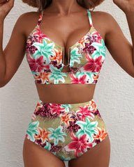 Women's V-neck Floral High-waisted Tummy-control Bikini Swimsuit