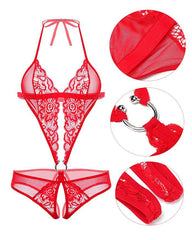 Sexy Lace Sheer Abdominal Ring Closure Open Crotch Bodysuit