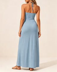 Halter Neck Backless Tie-up Long Dress with Pockets