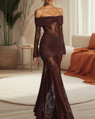 Sexy Lace Off-shoulder Fitted Long-sleeved Fishtail Maxi Dress