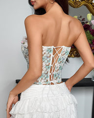 Floral Embroidered Sheer Mesh Backless Tie-up Strapless Top