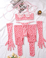 Valentine's Day Pink Heart Leopard Print Bust Cutout Lingerie with Gloves and Stockings Set