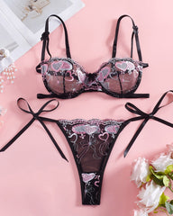 Valentine's Day Sexy Mesh See-Through Floral Embroidery Tie-Bow Lingerie Set