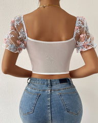 Sexy Low-cut Backless Embroidered Mesh Panels Puff Sleeves Top
