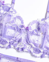 Purple Sexy Floral Embroidered Lace Mesh Sheer See-through Hollow-out Lingerie Set