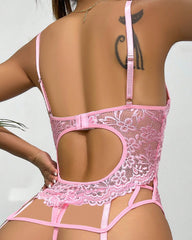Women's Floral Lace See-Through Mesh Garter Lingerie Set
