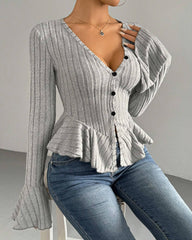 V-neck Ruffled Slim-fit Flared Long-sleeve Stretchy Knit Top