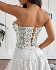 Floral Embroidered Sheer Mesh Backless Tie-up Strapless Top