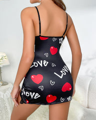 Valentine's Day Heart-themed Letter Print Lace-Trimmed Slit Short Nightgown