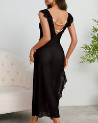 Sexy See-through Mesh Backless Pearl-embellished Ruffled Side-slit Long Nightgown