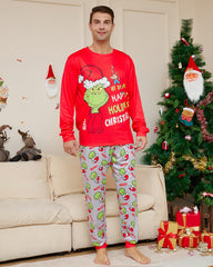 Christmas Grinch Color Block Fun Print Crew Neck Family Pajama Set