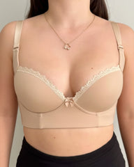 Women's Lace Trim Wide Back Underwire Long Body Shaping Push-up Bra