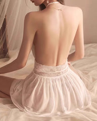 Sexy Deep V Halter Neck Backless Mesh Lace Nightgown