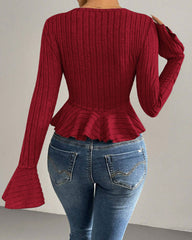 V-neck Ruffled Slim-fit Flared Long-sleeve Stretchy Knit Top
