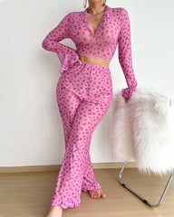 Valentine's Day Heart Print V-Neck Flared Long-Sleeved Top and Pants Pajama Set